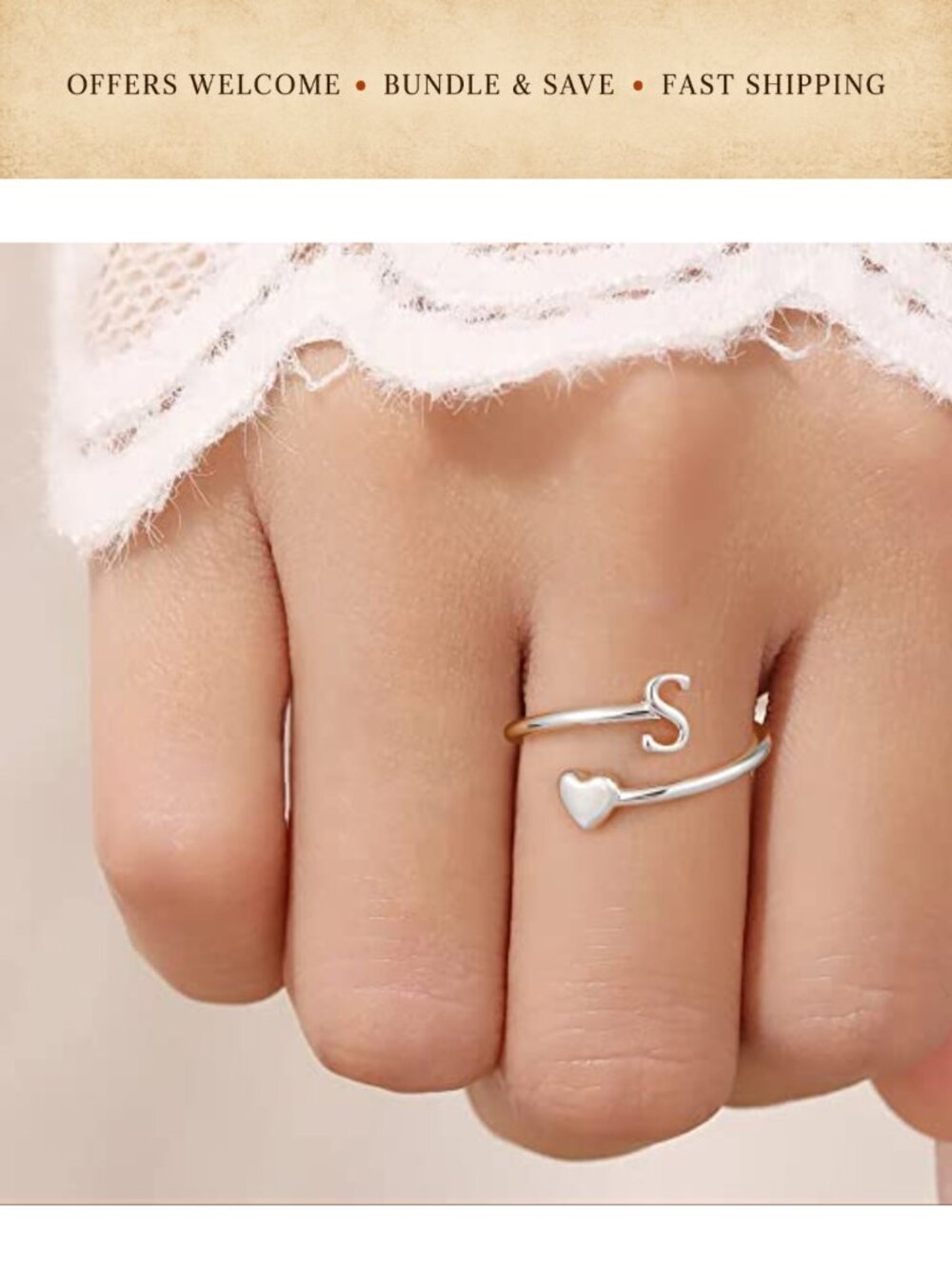 Gold Plated Heart Initial Rings Adjustable Stackable Rings - Picture 4 of 6